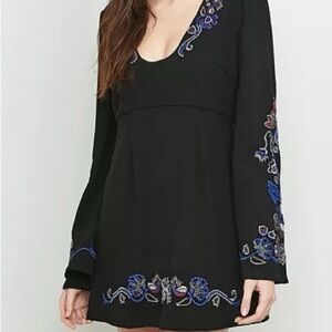 Free People Holiday Folk Embroidered Long Bell Sleeve Micro Mini Dress